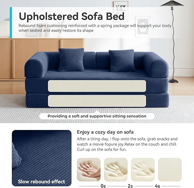 ZQRhome 79" 5-in-1 Convertible Sofa Bed, Premium Sleeper with Reinforced Frame & Plush Corduroy, No Assembly Modern Couch for Lounge, Living Room & Guest Room, Blue