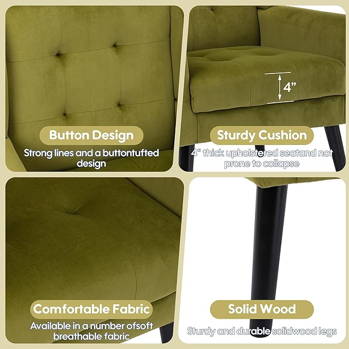 OO BY ORANGE ONLINE Set of 2 Velvet Accent Chair, Mid-Century Modern Tufted Armchair for Living Room, Bedroom & Office (Olive Green)