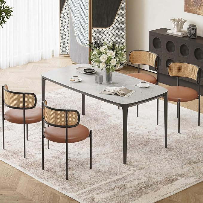 Farini Dining Chairs Set of 4, PU Leather Upholstered Seat with Woven Rattan Back, Sturdy Metal Legs Modern Side Chairs for Kitchen Living Room Restaurant, Brown