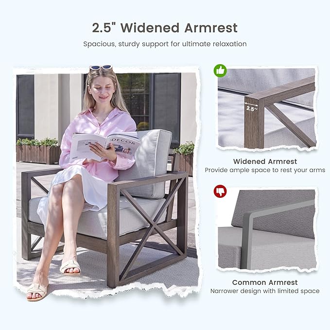 UDPATIO 5 Piece Aluminum Patio Furniture Set Faux Wood Grain Modern Outdoor Furniture Patio Conversation Set with 6" Olefin Fabric Cushions and Coffee Table, 600D Waterproof Cover Included, Light Grey