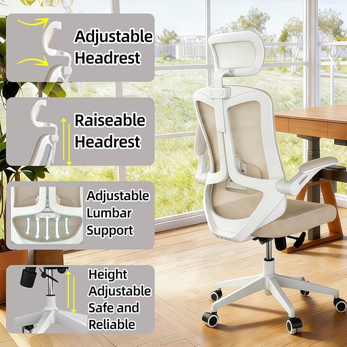Ergonomic Office Chair - 400LB Comfy Desk Chairs with Adjustable Headrest and Lumbar Back Support, Mesh Computer Chairs with Wheels and Arms for Home Office, Study (Khaki-with Headrest)