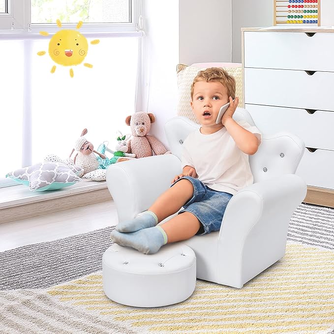 HONEY JOY Kids Sofa, Children Princess Upholstered Couch Armrest Chair with Ottoman, PVC Leather & Embedded Crystal, Toddler Bedroom Furniture for Baby Girl (White Crown Shape with Footstool)