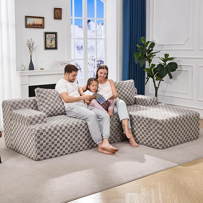 Modular Sectional Sofa Couches L-Shape Couch 3 Seat Modular Sofa Memory Foam Sectional Couches for Living Room, Cloud Couch with Oversized Chaise (Grey Check, 96" Right Facing Chaise)