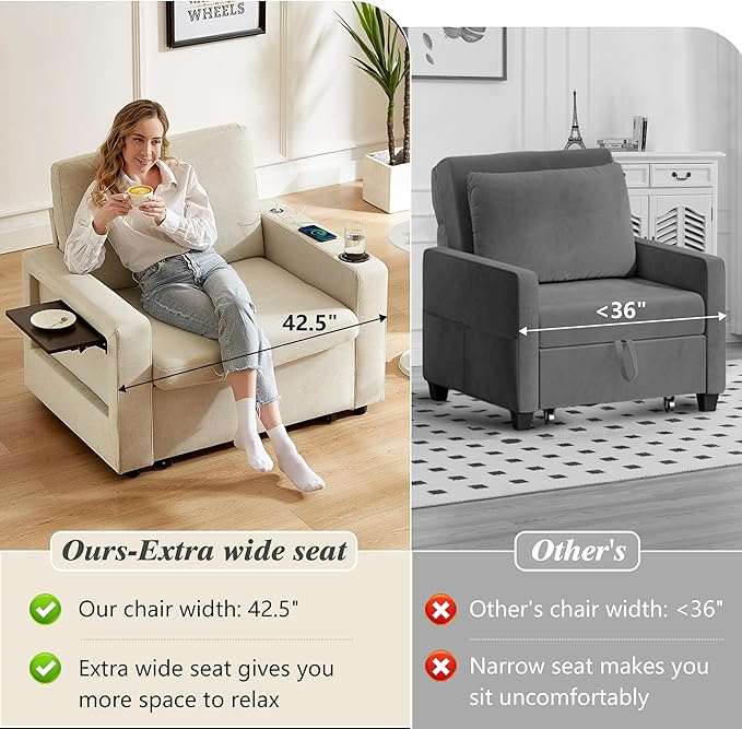 WEUP 42.5" Sleeper Chair Bed, 3-in-1 Oversized Convertible Sleeper Sofa Chair with Pull Out Bed, Reclining Adjustable Backrest/USB Ports/Table/Cup Holder, Tool-Free Assembly, Premium Beige