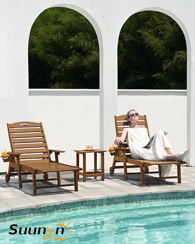 Lounge Chair Outdoor, Chaise Lounge Outdoor, HDPE 6-Position Lounge Chair for Outside, Patio Lounge Chair with Wheels & Cup Holder for Pool Poolside Deck Backyard, Teak