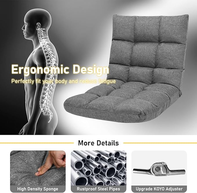 COSTWAY Floor Chair, Folding Gaming Chair with Back Support, 14 Adjustable Positions, Alloy Steel Frame, Lazy Sofa Lounge for Playing Reading Meditating Room Recliner for Adults, Kids (Gray)