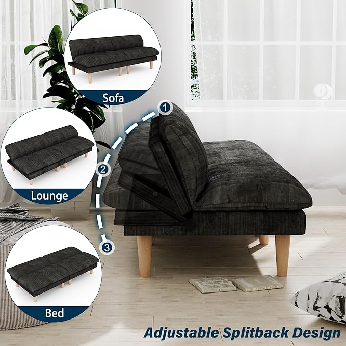 2 Sets 69" Futon Sofa Bed, 4 in 1 Multi-Function Couch Sleeper with Adjustable Backrest, Modern Convertible Futon, Recliner Small Loveseat for Living Room, Plush Dark Grey