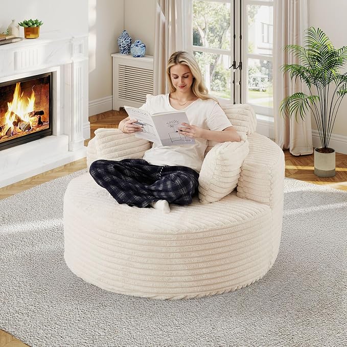 50"W Oversized Round Chaise Lounge Chair Indoor, Upholstered Corduroy Deep Seat Cloud Circle Sofa Chair, Modern Fluffy Comfy Floor Reading Armchair for Living Room, Bedroom, No Assembly Required,Beige
