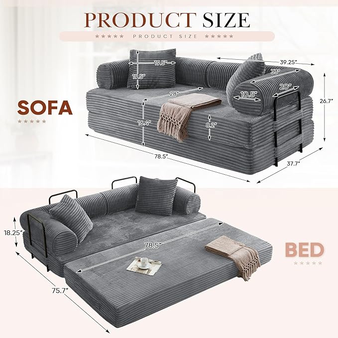 Modular Couch Bed, Convertible Folding Plush Corduroy Comfy Floor Memory Foam Compression Loveseat Sleeper Sofa Couch, King Size Bed for Guest Room Living Room Bedroom, No Assembly Required, Grey