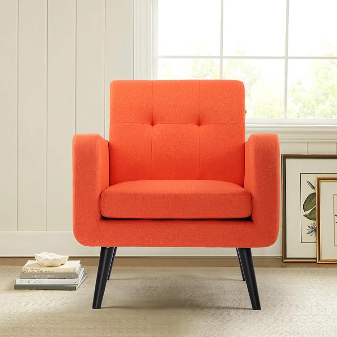 LSSPAID Modern Accent Chairs, Upholstered Fabric Cozy Armchairs, Living Room Side Chair with Solid Wood Legs, Orange