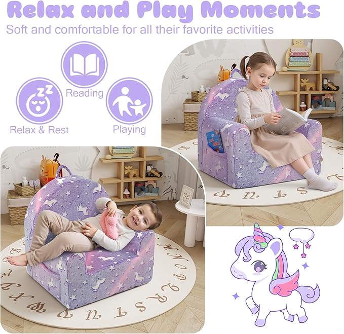 MeMoreCool Comfy Toddler Chair for 1-3 Years Old, Glow Unicorn Kids Reading Chair, Soft Plush Toddler Armchair, Cozy Foam Lounge Kids Armchair for Baby Room, Living Room, Playroom, Reading Nook