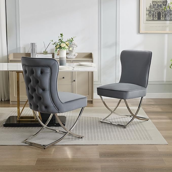 WUTUTUEE Luxury Velvet Dining Chairs, Tufted Upholstered Armless Accent Chairs with Silver Metal X-Legs, Modern Glam Dining Room Chair Set of 2, Dark Grey