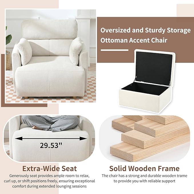 Snowflake Fleece Oversized Accent Chair with Storage Ottoman - 26.57" Wide Deep Seat Reading Chair, Convertible Daybed, 400lbs Capacity for Living Room & Apartment (Beige)