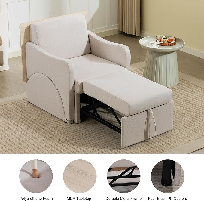 Reading Chair, Chaise Lounge Chair Indoor, 3 in 1 Multiple Convertible Pull Out Lounge Couch, Fabric Reading Chairs, Single Sleeper Sofa with Adjustable Backrest for Dorm, Bedroom, College, White