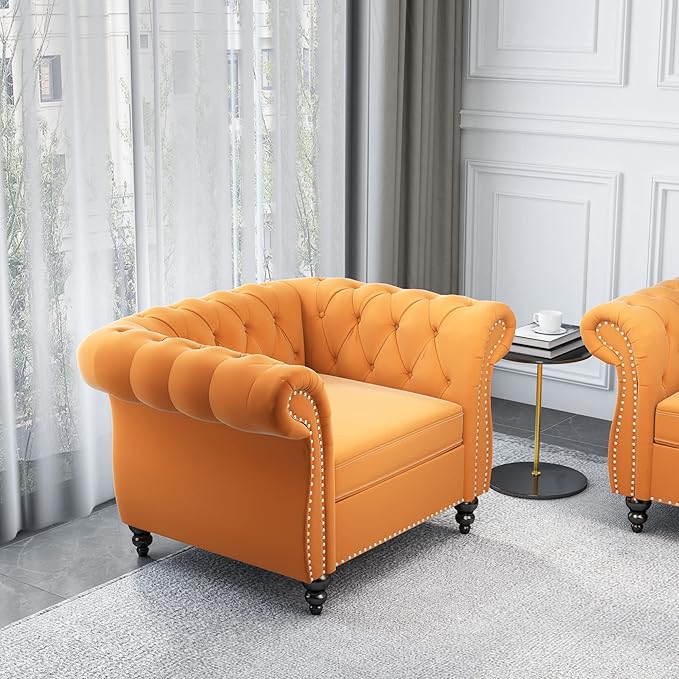 QHITTY Accent Chair, Chesterfield Chair Modern Velvet Upholstered Chairs with Tufted Back for Living Room Furniture (Mango)