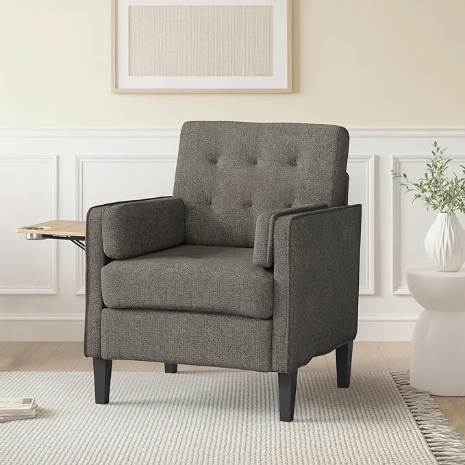 Chenille Accent Chair, Mid Century Modern Arm Chair with Foldable Wooden Side Table & Cup Holder - Comfy Reading Chair for Bedroom,Living Room Chairs,Single Sofa Chair,Dark Grey
