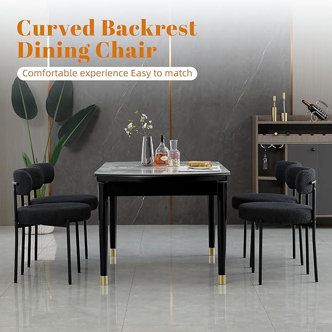 DYHOME Black Boucle Dining Chairs Set of 6, Modern Upholstered Dining Chairs with Curved Backrest and Metal Legs, Kitchen Dining Room Chairs