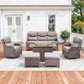 Luxury Patio Furniture Set with 42.5" Fire Pit Table, 6 Pieces High Back All Weather Wicker Outdoor Furniture w/ 6-Inch Thick Cushions, Patio Swivel Chairs Couch for Deck Balcony Backyard Brown/Grey
