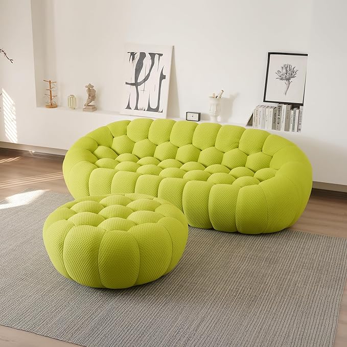 JACH Bubble Sofa with Ottoman, Curved Couch, Comfy Upholstered Sofa, Mesh Fabric 3D Honeycomb Shape Modern Couch for Living Room, Office, Apartment, Small Space (Fluorescent Green)