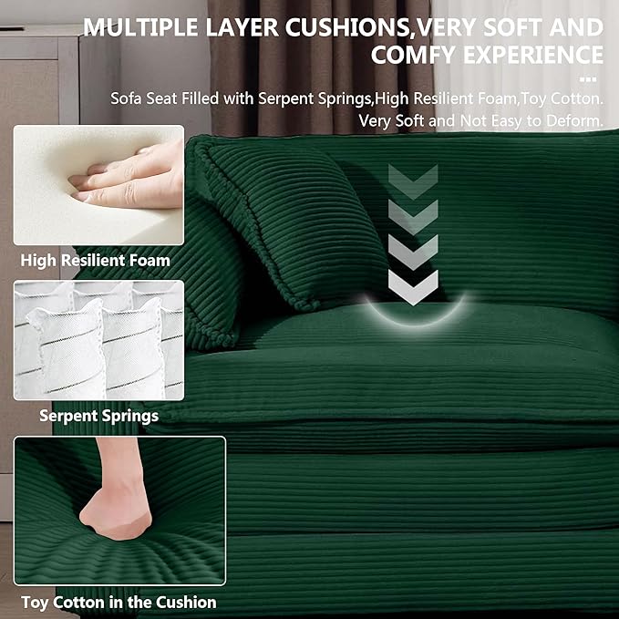 Aoowow Corduroy 3 Seater Sofa Couch,Modern Large Cloud Couches for Living Room,Modular Sectional Cloud Sofas with Deep Seat,Oversized Tufted 3 Seat Sofa Set. (Green, 3 Seater)
