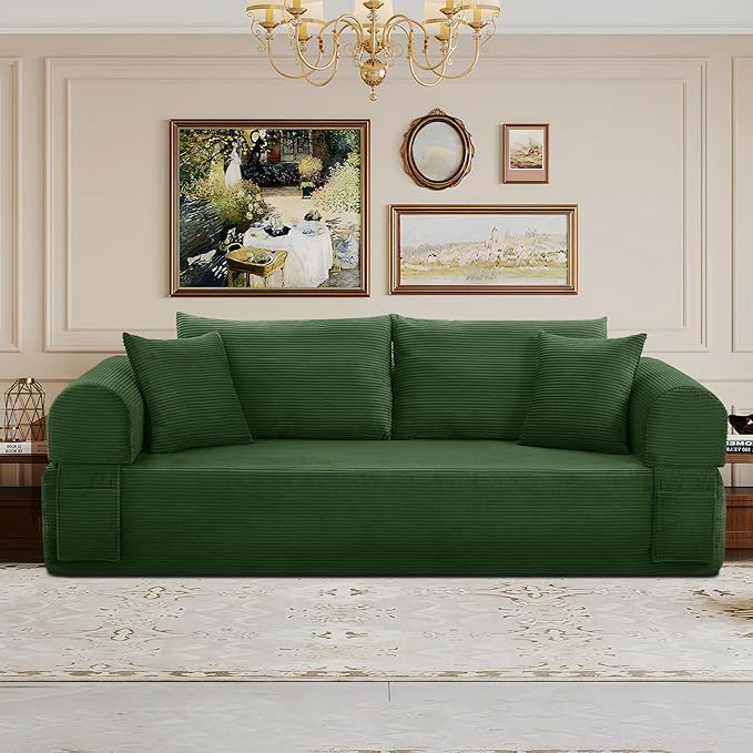 83" Sofa in a Box, 3 Seater Couch No Assembly Boneless Sofa Bed with Cushion Back 2 Matching Pillows Deep Seat Corduroy Fabric Side Storage Pockets for Living Room, Bedroom, Apartment, Office, Green
