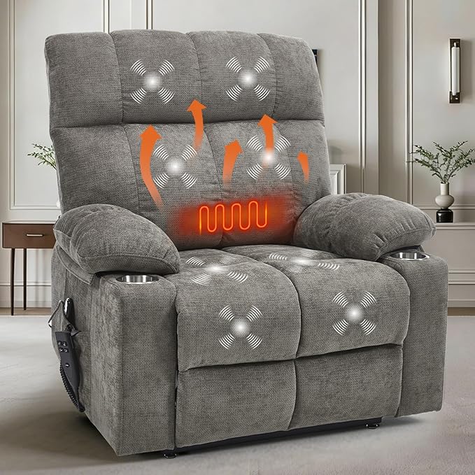 Oversized Recliner Electric Lift Chair, Power Lift Recliner for Big and Tall, 180° Lay-Flat and Assisted Standing, Extra Large Sofa with 8-Point Massage & Heating, Medium-Soft, Gray