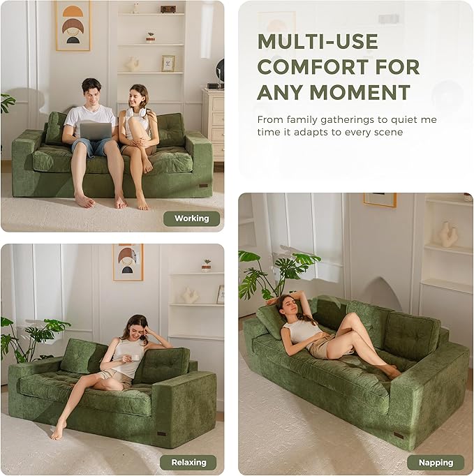 MAXYOYO Boneless Sofa Couch, Loveseat Sofa for Small Space, Tufted 3-Seater Floor Couch Bean Bag Chair for Living Room Bedroom Apartment, Sofa in a Box, No Assembly Needed, Green