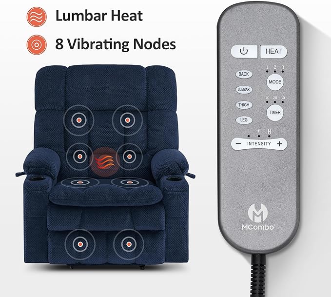 MCombo Oversized Power Lift Recliner Chair for Elderly, Dual Motor Lift Chair with Heat and Massage, Lay Flat Lift Chair for Big and Tall, Cup Holders, Fabric R7891 (Oversize, Navy Blue)
