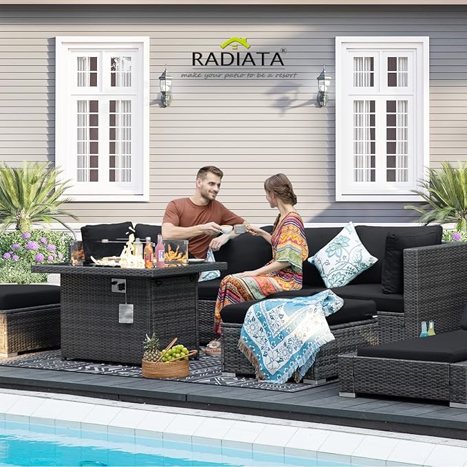 RADIATA 7Pcs Outdoor Patio Furniture Set with Fire Pit, Modern Comfortable Outside Sectional Couch High Back Oversized Wide Deep 6-Seats, Modular All-Weather Heavy Duty Wicker Sofa Set, Grey&Black