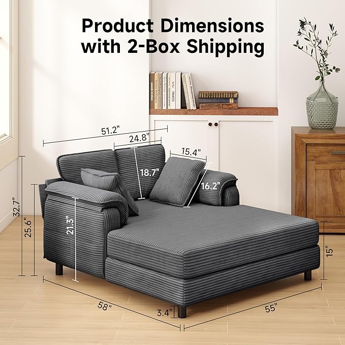 Winlice 58'' Chaise Lounge Chair Indoor, Oversized Corduroy Wooden and Iron Frame Sofa Bed, Comfy Upholstered Lounge Sleeper Couch with 4 Storage Pockets for Living Room, Sunroom, Study, Dark Gray