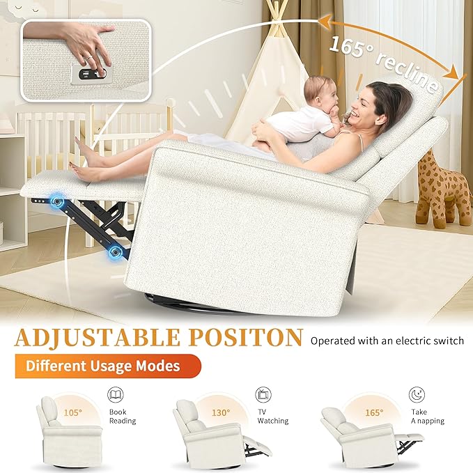 QKFF Power Swivel Rocker Recliner Chair for Nursery, Upholstered Snowflake Velvet 270°Swivel Glider Rocker Chair with USB Ports, Small Power Recliners for Small Spaces Living Room