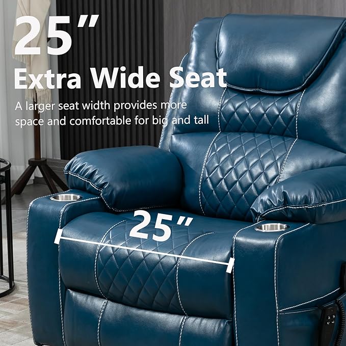 Oversized Power Lift Recliner Chair 400 LBS for Big and Tall, 25" Extra Wide Electirc Recliner Chair Living Room Sofa with Massage and Heating, Dual Motor Leather Home Theater Seat,Blue