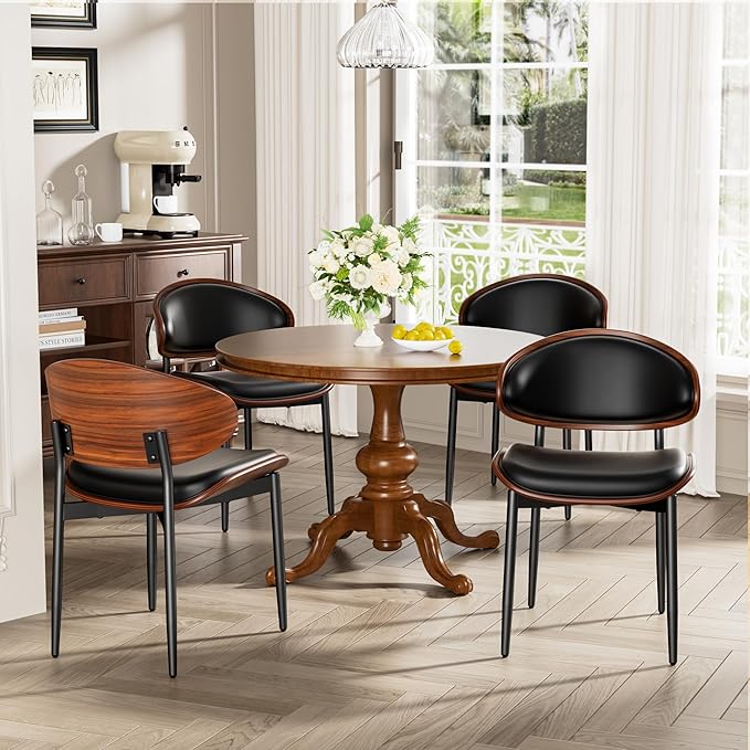 YaFiti Dining Chairs Set of 6, Dining Room and Kitchen Chairs, Mid Century Modern Retro Chair, Upholstered PU Leather Chairs for Vanity with Walnut Bentwood and Metal Legs (Black)