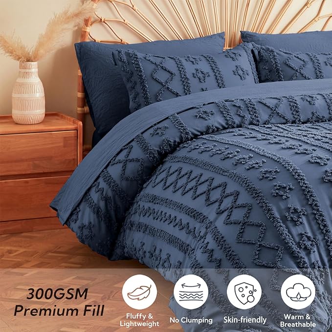 MR&HM King Size Comforter Set Navy Blue, 7 Pieces Tufted Boho Beddding Sets, Farmhouse Style Bed in a Bag with 1 Comforter, 2 Pillow Shams, 2 Pillowcases, 1 Flat Sheet, 1 Fitted Sheet