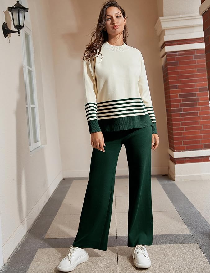 Tanming Women's Lounge Sets 2 Piece Outfits Knitted Pullover Sweater Tops Wide Leg Pants Tracksuit