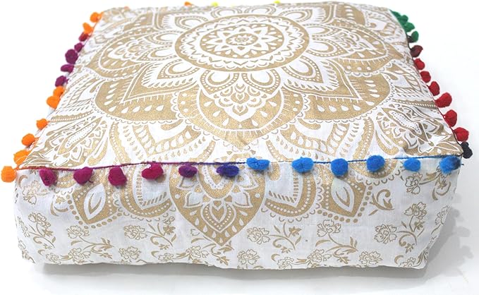 CRAFT KALA 18" Square Large Hippie Mandala Meditation Floor Ottoman Pillow Cushion Pouf Cover Square Poufs Bohemian Circle Floor Cushion Case Outdoor Fireplace Living Decor Cover White Gold Flower