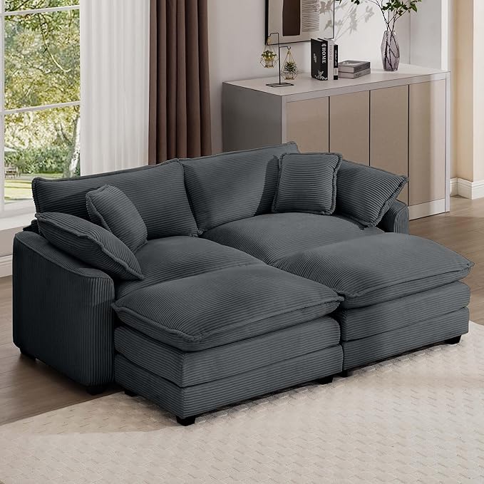 Aoowow Oversized Loveseat Couch with Ottomans,Modern Corduroy 2 Seater Cloud Couches for Living Room,Modular Sectional Cloud Sofas Deep Seat,Double Lounger Sleeper Sofa