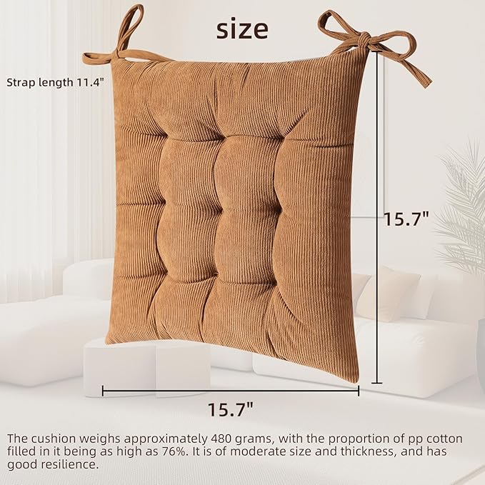 HLOVME Corduroy Chair Cushion with Ties Ultra Soft Warm Floor Cushion for Kids Reading Nook Comfortable Square Seat Cushion for Adult 15.7”x15.7” Set of 2, Khaki