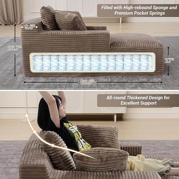 50"W x 68"D Oversized Chaise Lounge Chair Indoor Boneless Reading Chair Plush Corduroy Recliner Large Deep Seat Upholstered Sleeper Comfy Sofa Bed Couch with 3 Pillows for Living Room Bedroom, Camel