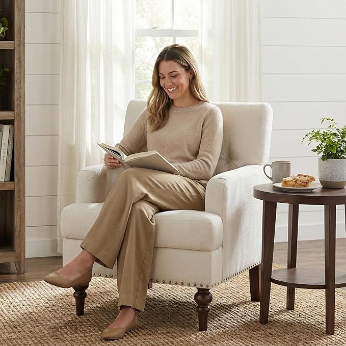 Upholstered Accent Chair with Thick Cushion, High Back Reading Chair, Linen Blend Armchair with Solid Rubberwood Legs for Living Room, Bedroom, Reading Nook, Apartment & Small Spaces,Beige