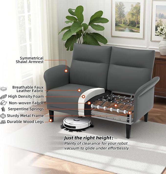 3-Piece Symmetrical Shawl Arm Sofa Set, Faux Leather Loveseat & 2 Accent Chairs with Wide Armrests, Wooden Legs, Upholstered Living Room Set for Cozy Spaces(Gray)