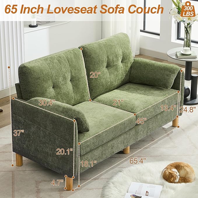 WUTUTUEE 65" Chenille Loveseat Sofa, Modern 2-Seater Love Seat Couch with Armrest Pillows, Storage Pockets, Easy Assembly, Upholstered Tufted Loveseat Couches for Living Room Bedroom, Green