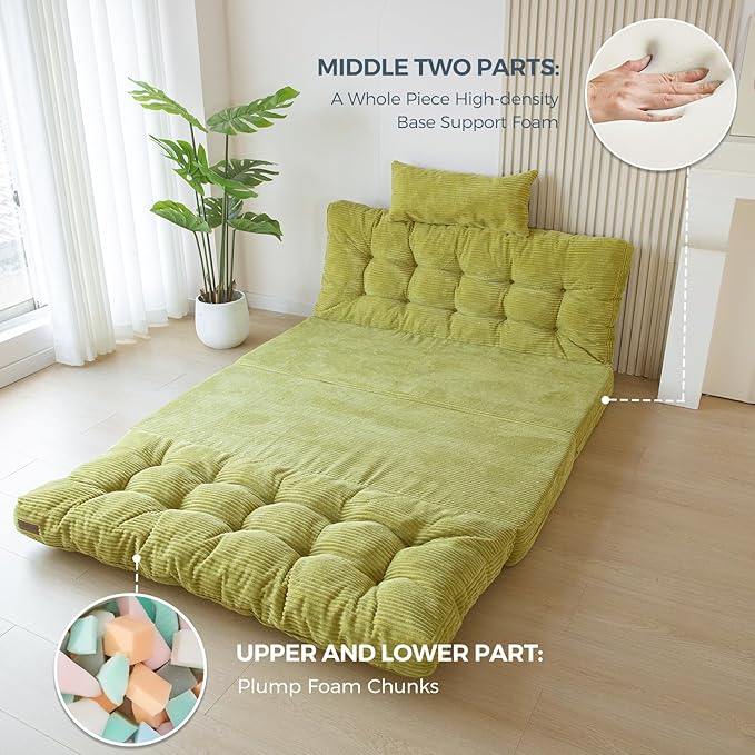 MAXYOYO Bean Bag Bed Tufted Folding Sofa Bed with Pillows Floor Mattress for Adults, Extra Thick and Long Floor Sofa, Twin Couch for Bedroom Living Room, Green, 39x91 Inch