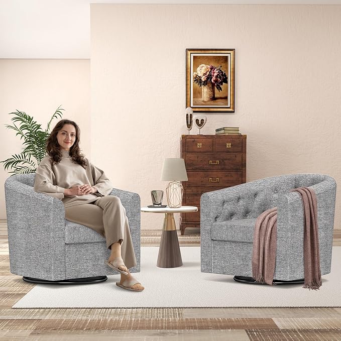 Simore Swivel Barrel Accent Chair Set of 2, Comfy Fabric Round Swivel Cuddle Chair for Nursery Living Room Bedroom Office, Gray