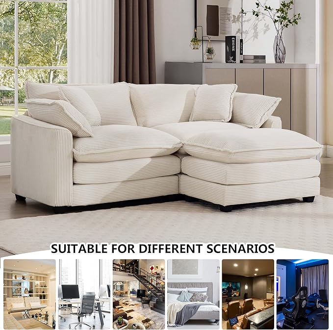 Aoowow Corduroy Loveseat Couch with Ottoman,Modern 2 Seater Cloud Couches for Living Room,Modular Sectional Cloud Sofas Deep Seat,Large L-Shaped Couch for Small Spaces (Beige, 2 Seater + 1 Ottoman)