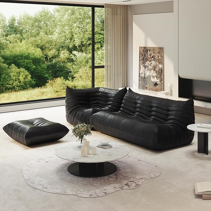 Bean Bag Chair for Adults, Fireside Chair Lazy Floor Sofa, Modern PU Faux Leather Caterpillar Sofa Couch, Armless Foam Lounger Tatami Recliner Bean Bag Couch for Living Room Bedroom Dorm Office