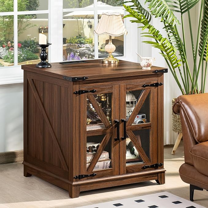 Joaxswe Farmhouse Coffee Table Set, 3 Pieces: Large End Side Tables with Charging Station and Coffee Table with Hidden Storage Compartment, Brown Wood Furniture Sets for Home Office