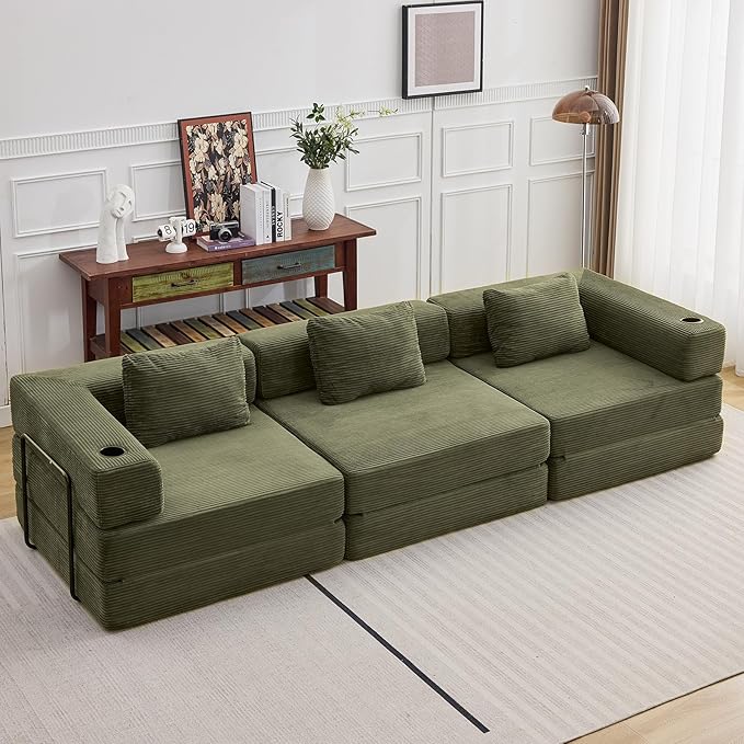 118" Oversized Convertible Floor Sofa Bed, Boneless Foldable Mattress Cloud Couch with Pillow Back & Armrest, Fold Out Floor Couch with Cup Holder for Living Room Bedroom Lounge, Corduroy, Olive