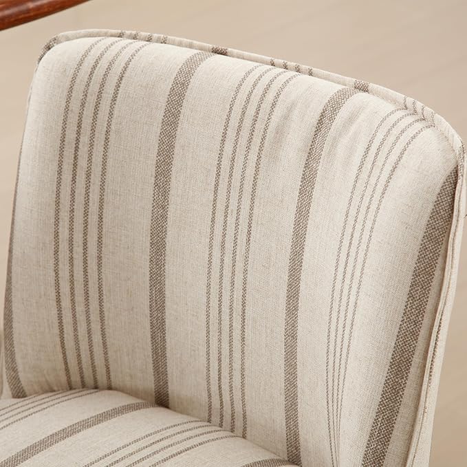chairus Farmhouse Dining Chairs Set of 2, Upholstered Comfy Dining Room Chairs Linen Fabric Walnut Brown Wood Kitchen Chairs for Dining Table, Living Room, Kitchen, Khaki Stripe