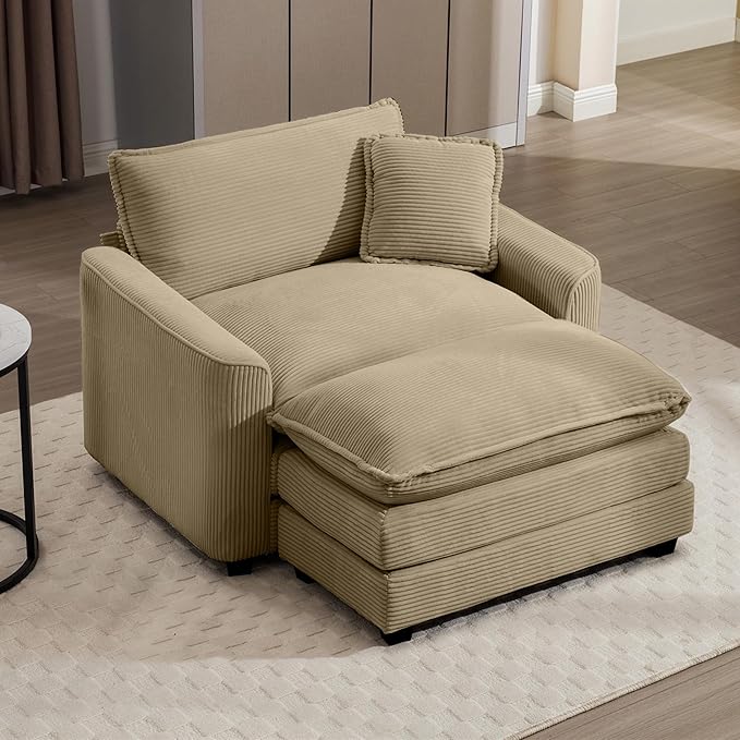Aoowow Corduroy Large Armchair with Ottoman,Oversized Single Sofa Chair with Ottoman,Single Seat Cloud Sofas Couches for Living Room,Tufted Indoor Chaise Lounge Chair (Tan, Sofa Chair + Ottoman)